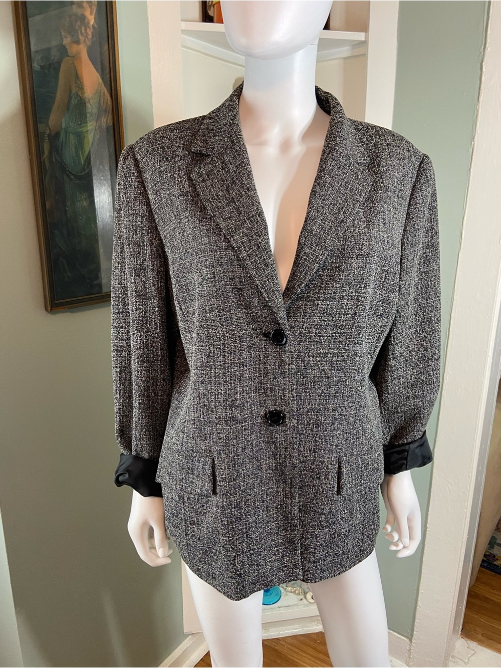 Sag Harbor Black White Gray Tweed Two-Button Blazer Jacket Size 18